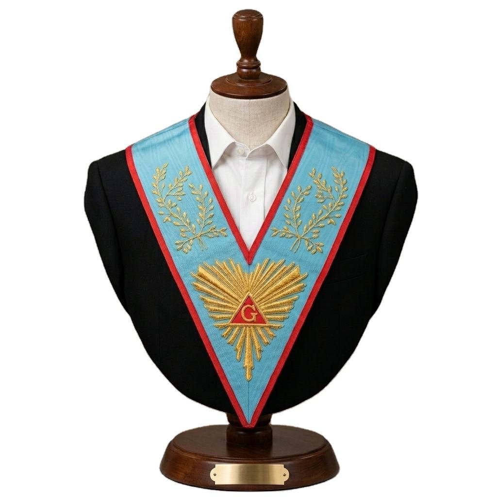 Sky Blue Moire Silk Ceremonial Neck Sash, Handcrafted Gold Wire Sunburst Embroid