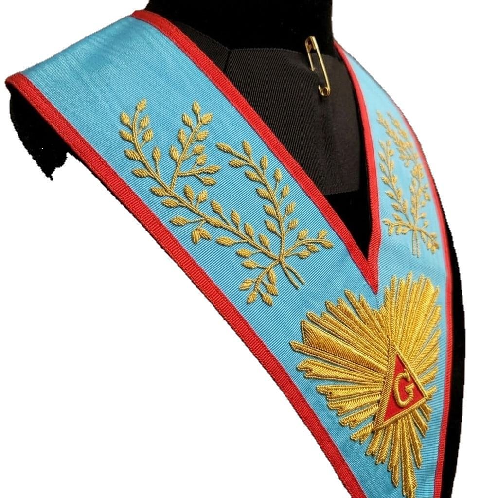 Sky Blue Moire Silk Ceremonial Neck Sash, Handcrafted Gold Wire Sunburst Embroidery Custom Ceremonial Regalia Collar Trimming
