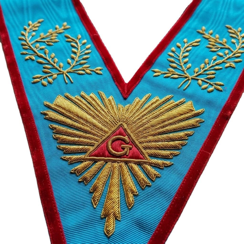 Sky Blue Moire Silk Ceremonial Neck Sash, Handcrafted Gold Wire Sunburst Embroidery Custom Ceremonial Regalia Collar Trimming