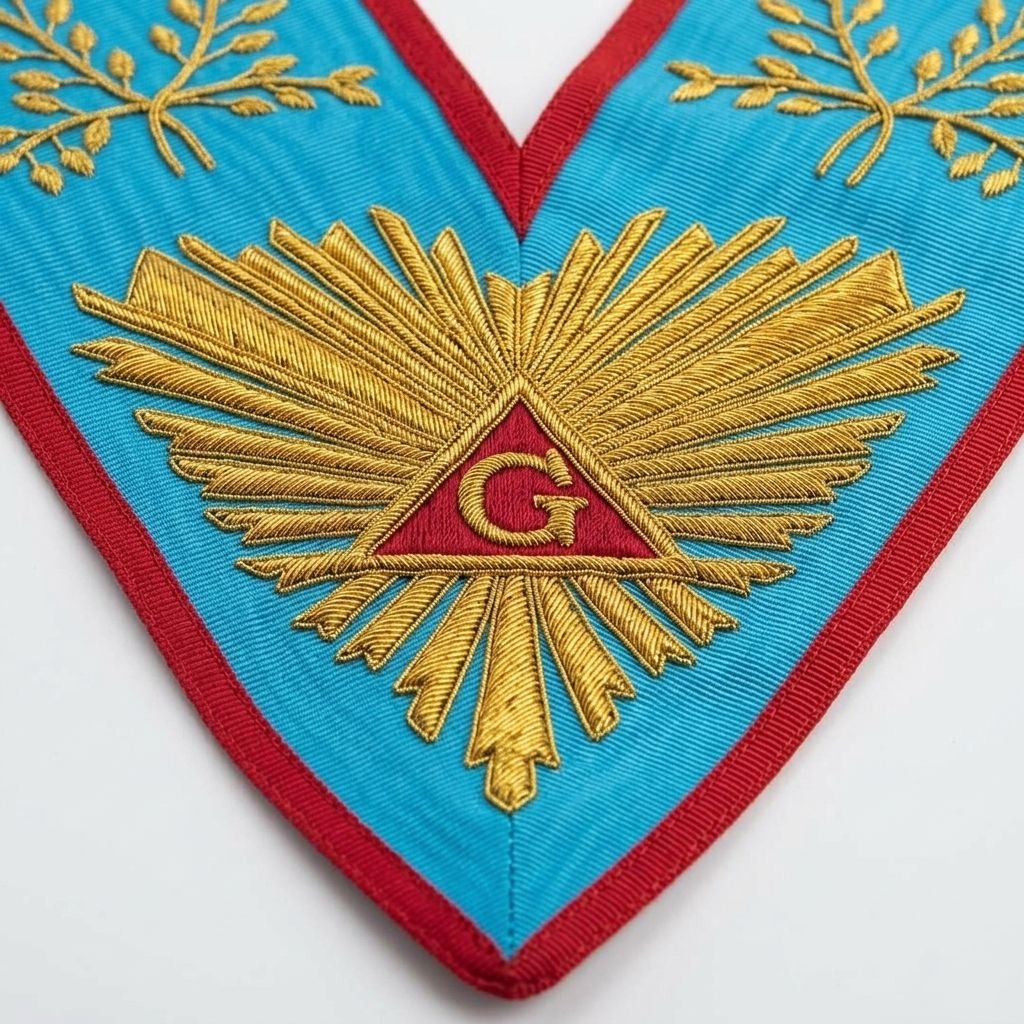 Sky Blue Moire Silk Ceremonial Neck Sash, Handcrafted Gold Wire Sunburst Embroidery Custom Ceremonial Regalia Collar Trimming